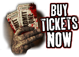Zombie hand holding tickets with the words Buy Tickets New, Click Here
