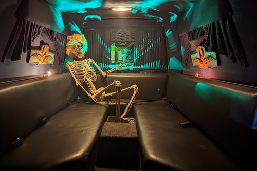 Woman in black dress standing in front of white hearse tour vehicle